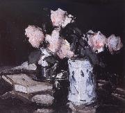 Samuel John Peploe Roses in a Blue and White Vase,Black Background oil